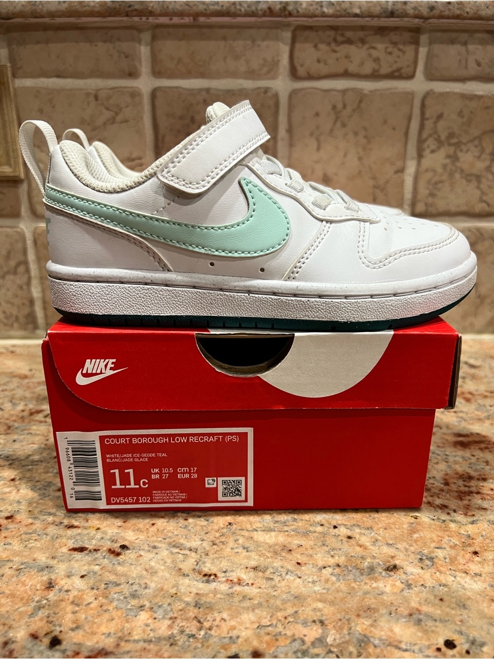 Nike Kids White Sneakers with Mint Swoosh Velcro Strap
